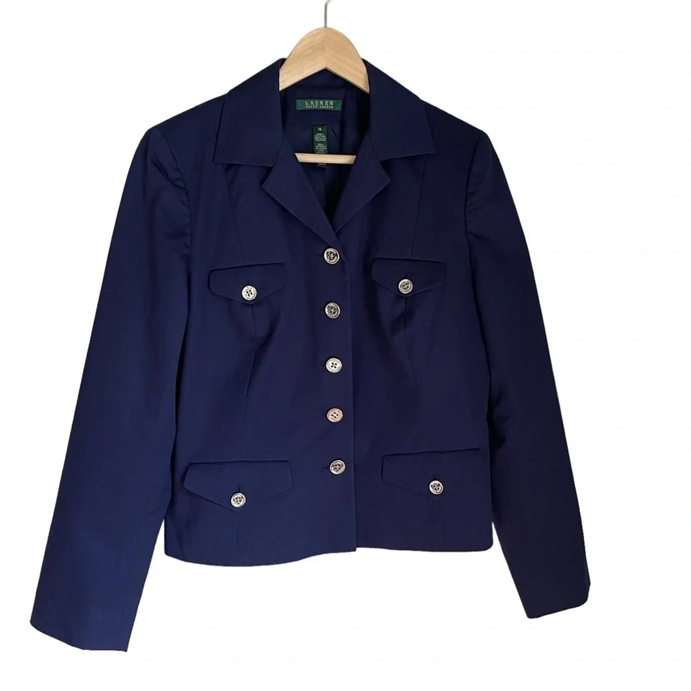 Ralph Lauren Navy Blue Silk‎ Blend Button Front Jacket & Silver Button Size: 14
